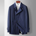 Men's double-breasted slim fit trench coat in synthetic fibre blend, available in blue black and khaki Asian sizes 170-195