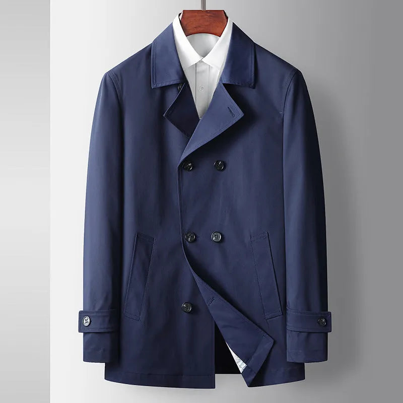 Men's double-breasted slim fit trench coat in synthetic fibre blend, available in blue black and khaki Asian sizes 170-195