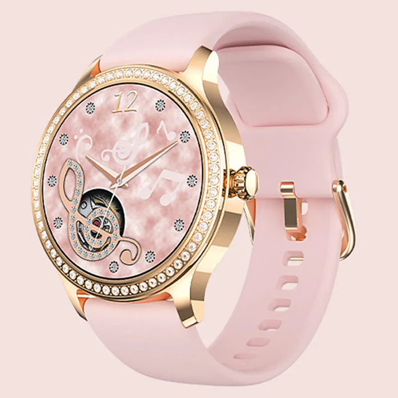 Women's smart watch with Bluetooth calling showing gold Milanese steel strap and TFT colour screen display