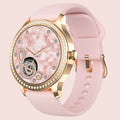 Women's smart watch with Bluetooth calling showing gold Milanese steel strap and TFT colour screen display