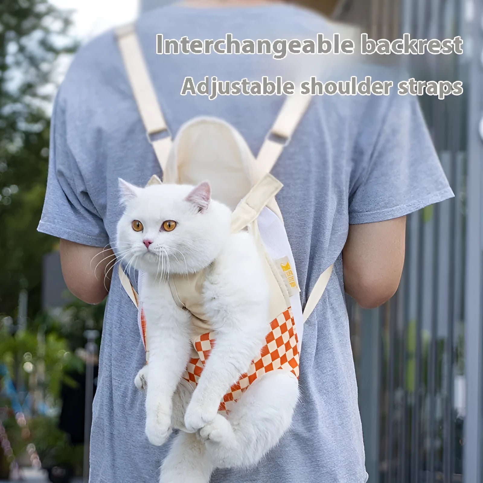 Soft non-woven canvas pet backpack for cats shown in purple, orange, and light grey colours.