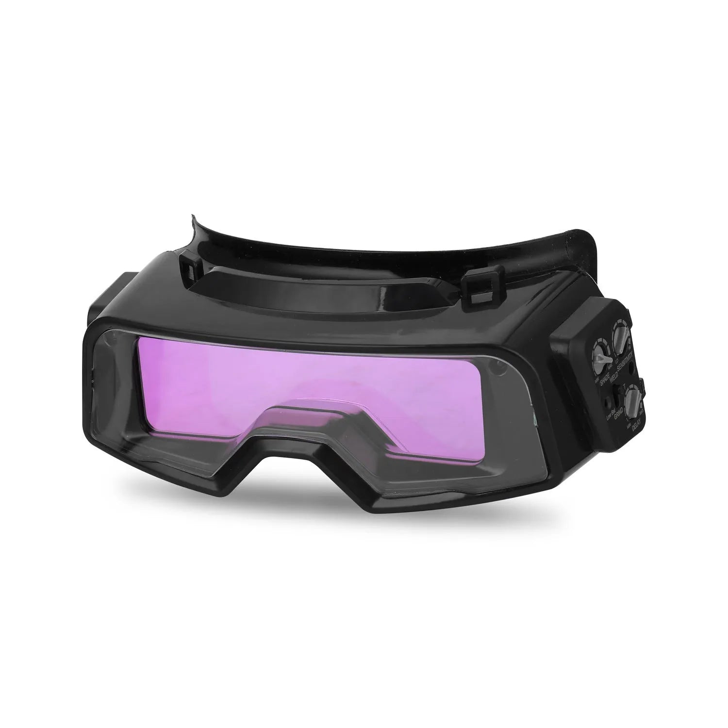 Black automatic darkening welding mask with a large rectangular lens for arc welding protection.