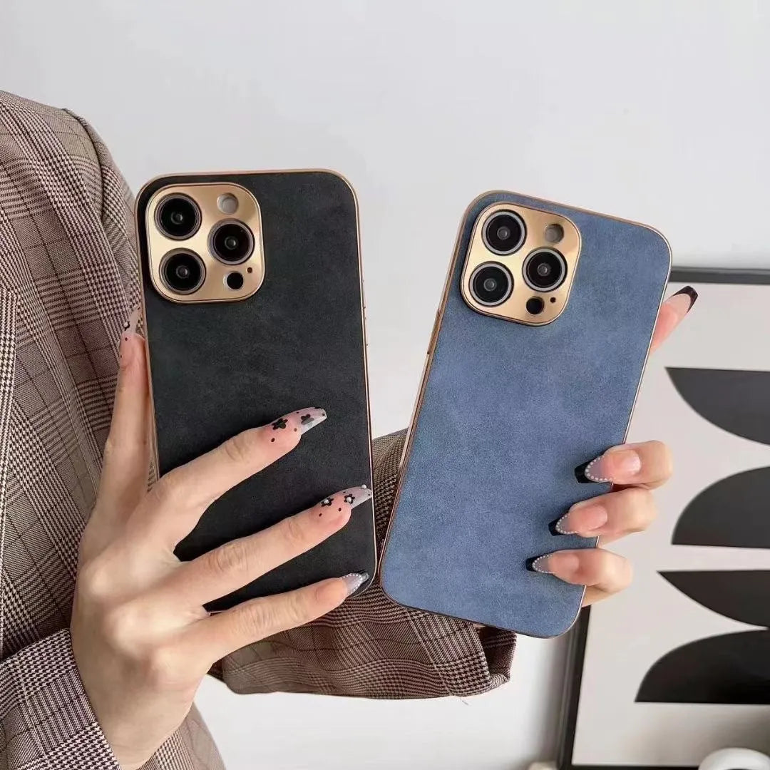 Leather texture phone case for iPhone in black, blue, grey, and grey-green colour options.