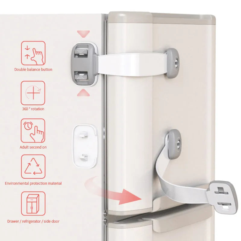 Grey adjustable child safety strap lock with adhesive pads, shown securing a kitchen cabinet door.