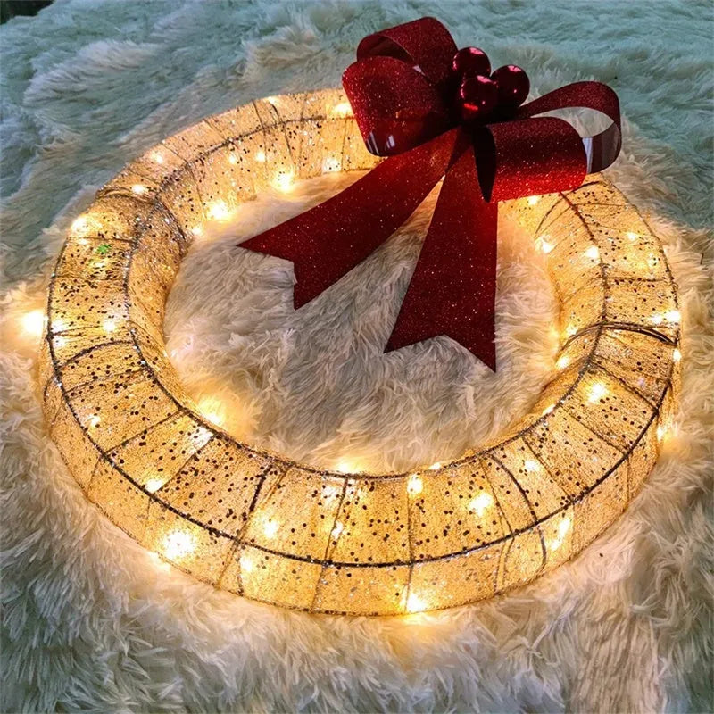 50cm handmade Christmas garland with gold and green bowknot, 140 LED lights, and battery-operated timer for door or wall display