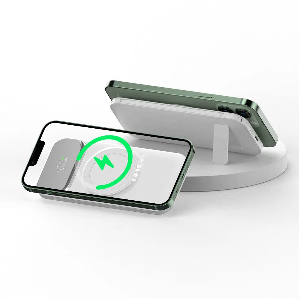 Magnetic portable wireless charging power bank 10000mAh in white, pink, black, green, and purple, 150 x 70 x 20mm, with data cable.
