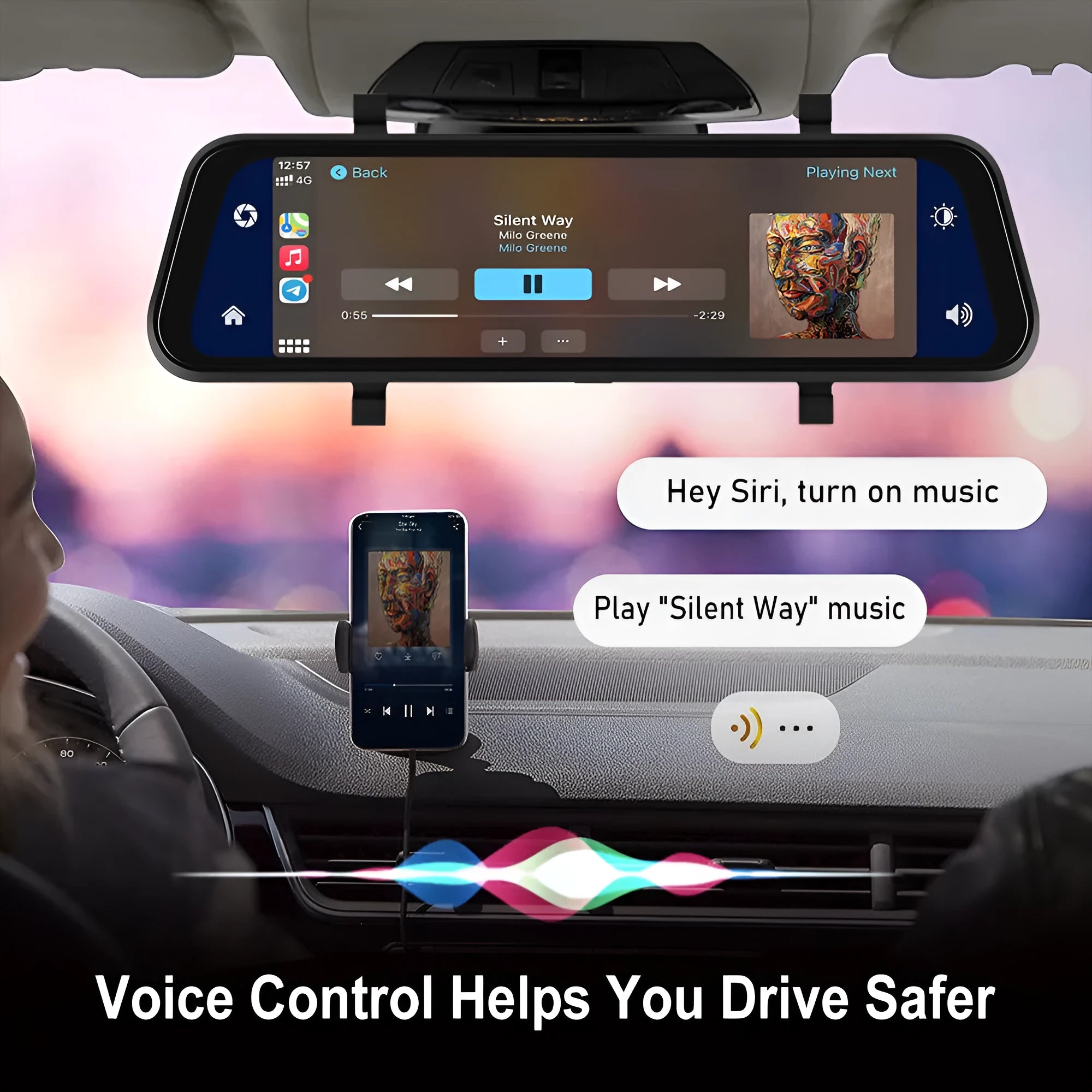 9.66-inch black touchscreen car dash cam recorder mounted on a car windscreen.