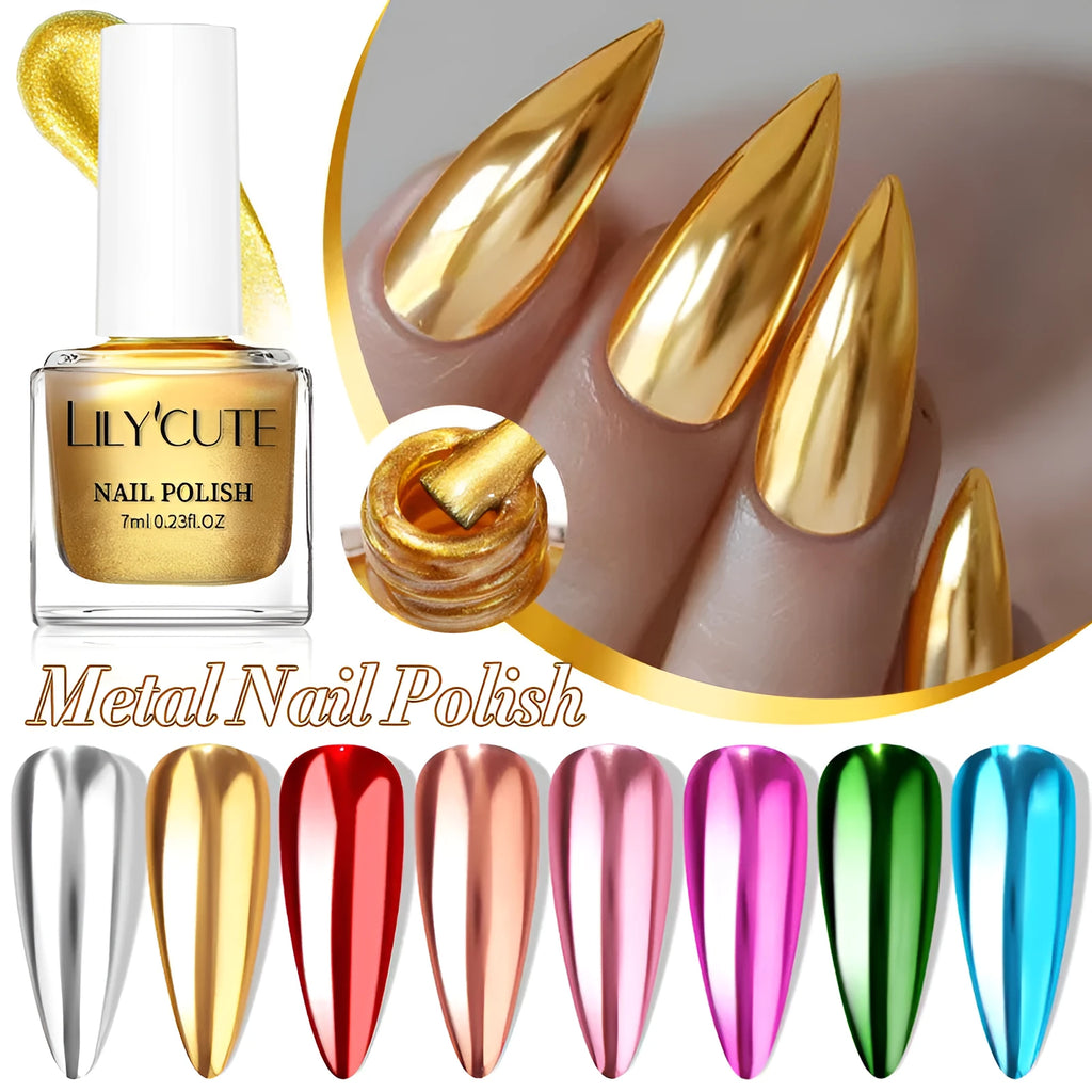 Quick-dry metallic mirror nail polish bottle in a shiny silver shade, 7ml, oily no-bake formula