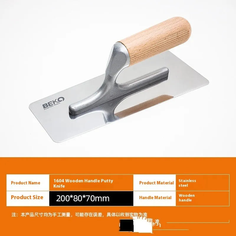 Stainless steel putty scraper with a wooden handle in three different blade sizes.