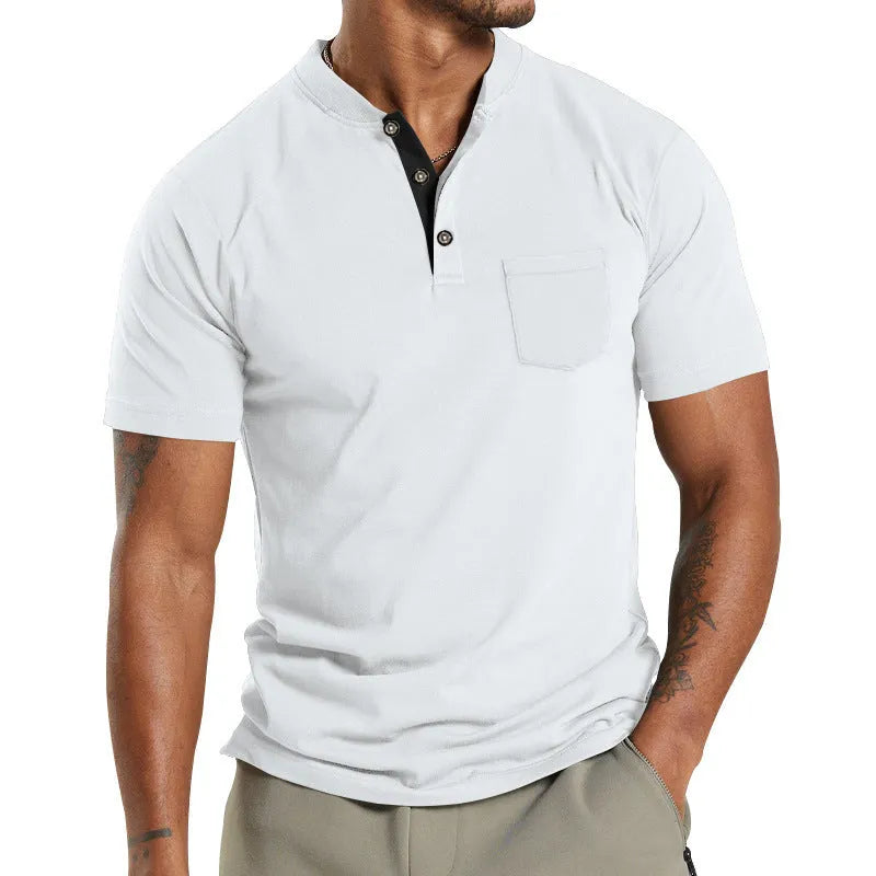 Plus size man wearing a solid colour short sleeve polyester shirt with a chest pocket.