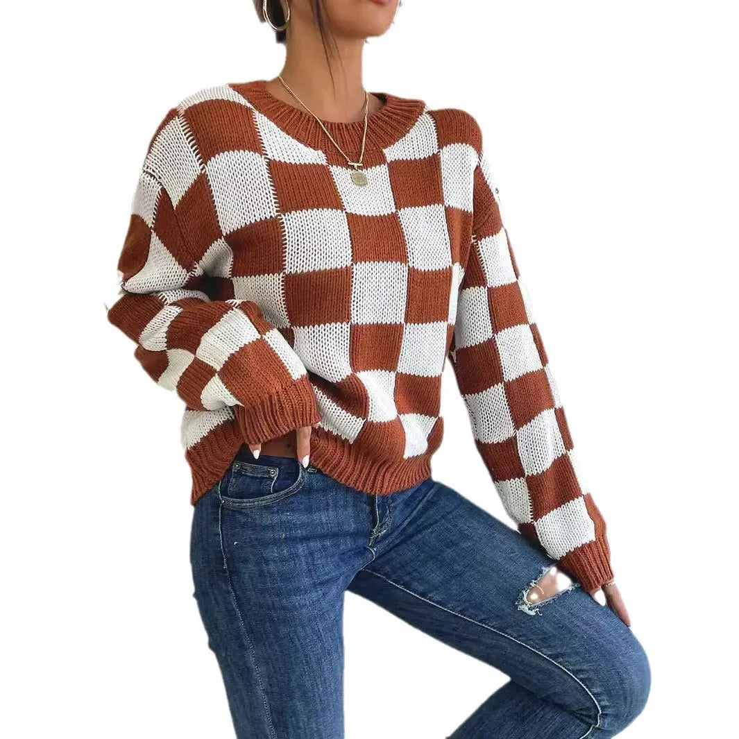 Dark brown plaid pattern on a loose-fitting acrylic pullover sweater with long sleeves