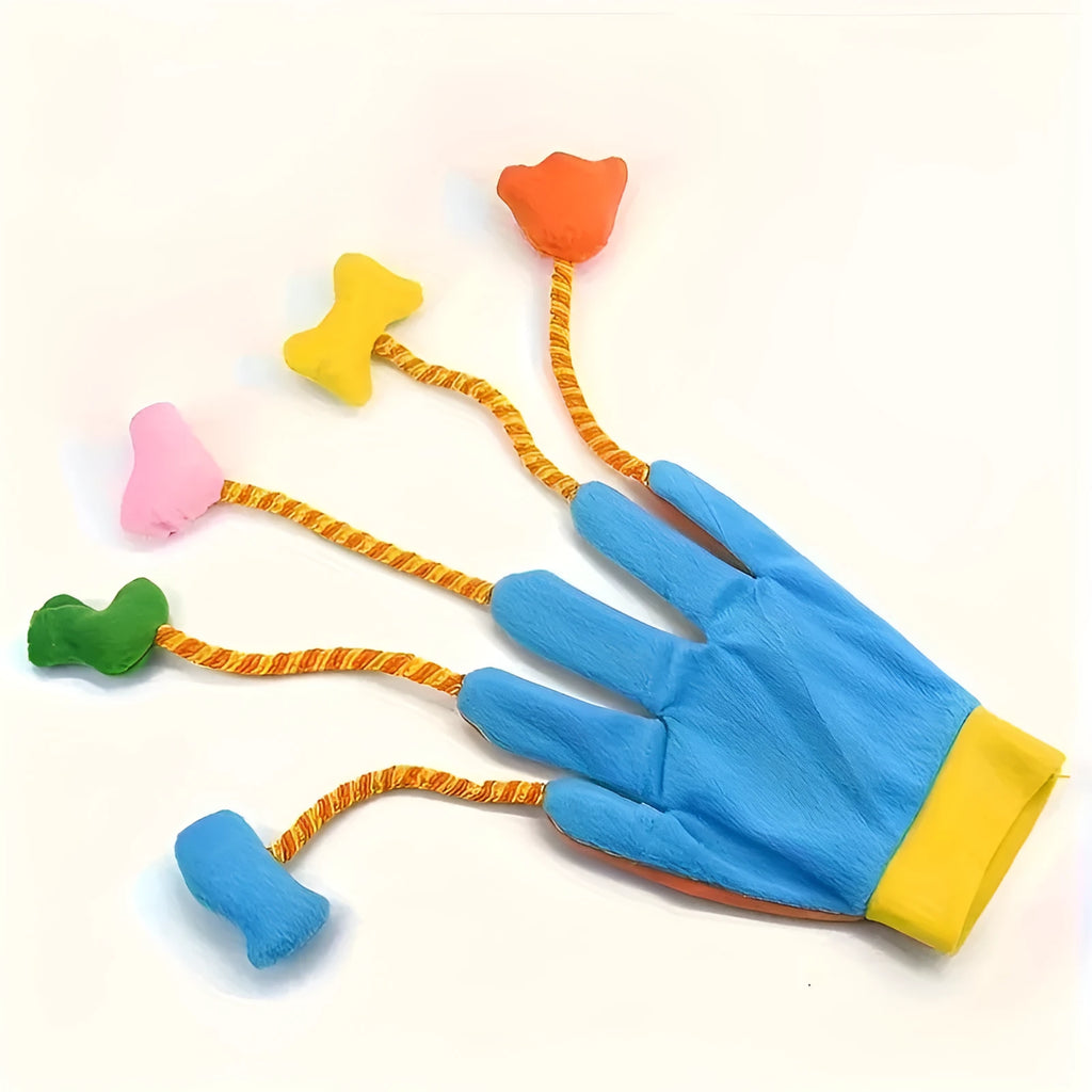 Yellow and blue plush glove cat toy with bell and trailers for interactive play