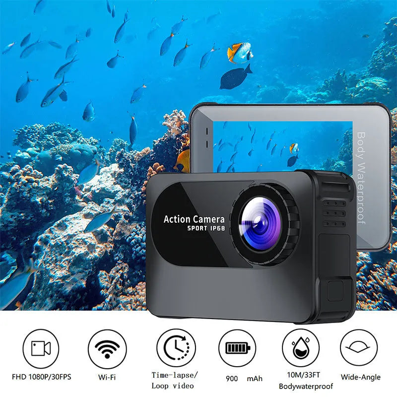 Black plastic outdoor sports action camera with wide-angle lens and touch screen
