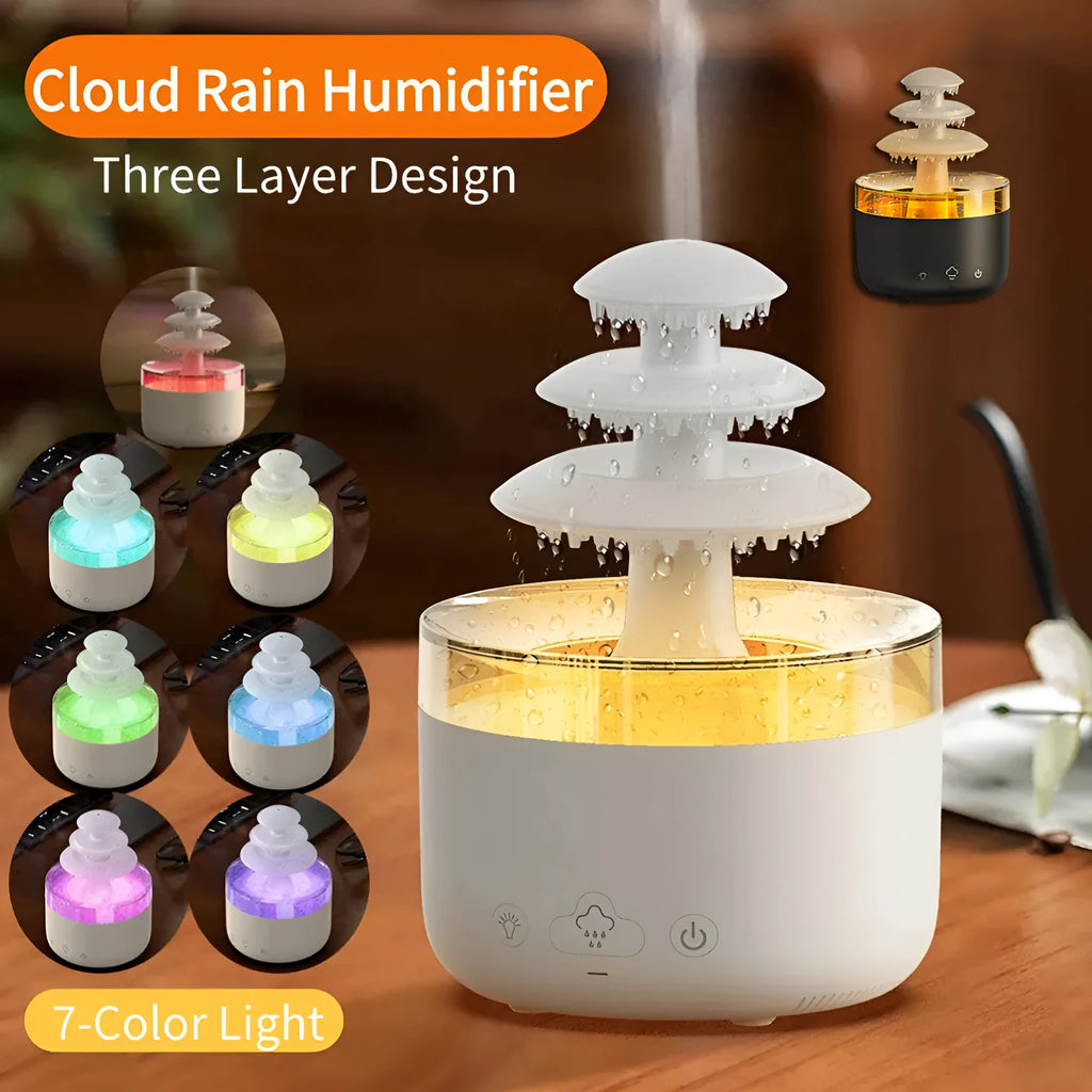White cloud rain humidifier and essential oil diffuser with LED mood lighting on table