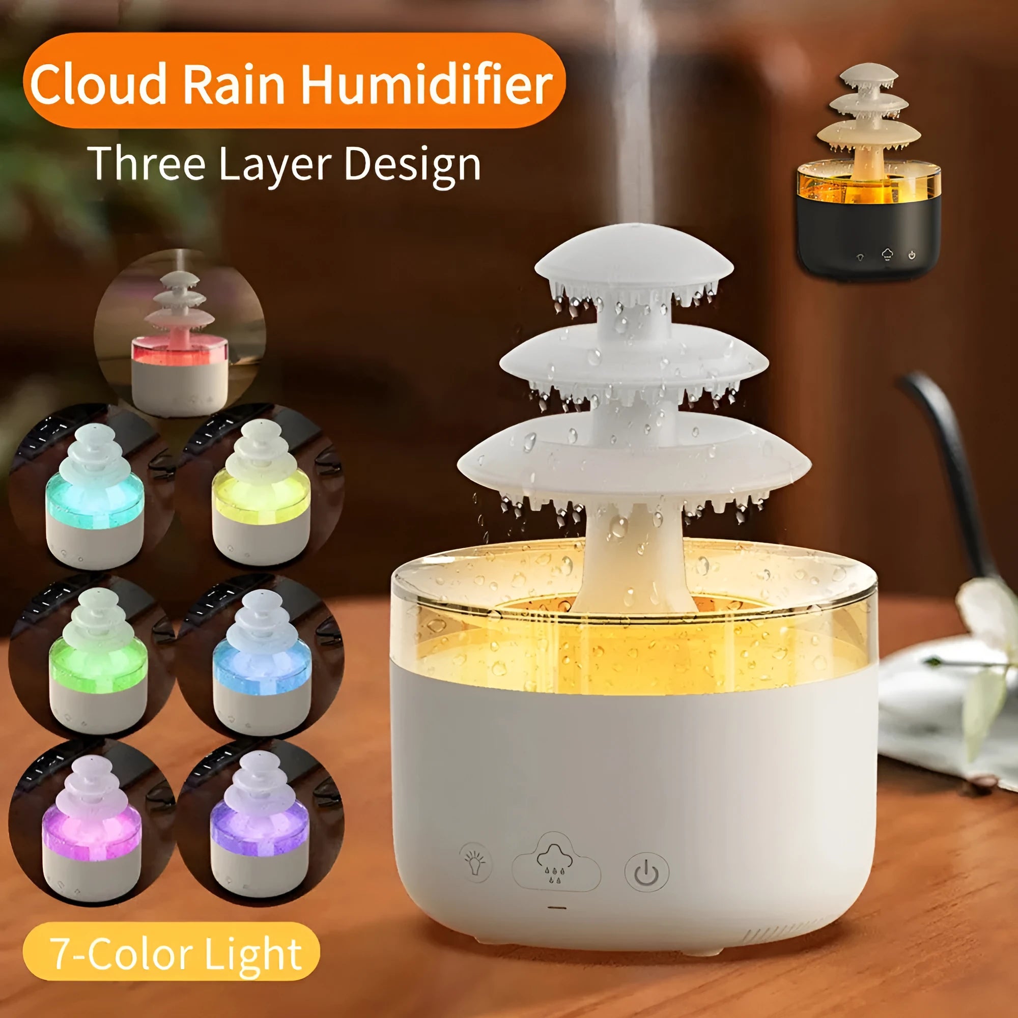 White cloud rain humidifier and essential oil diffuser with LED mood lighting on table