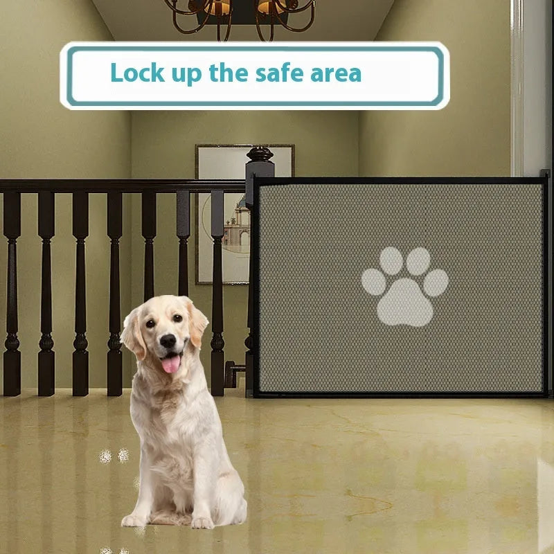 Folding dog barrier net showing cloth construction with plastic rods and pet doorsill design