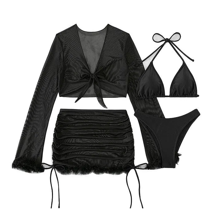 Black women's long sleeve bikini set for swimming sports with brief style bottoms