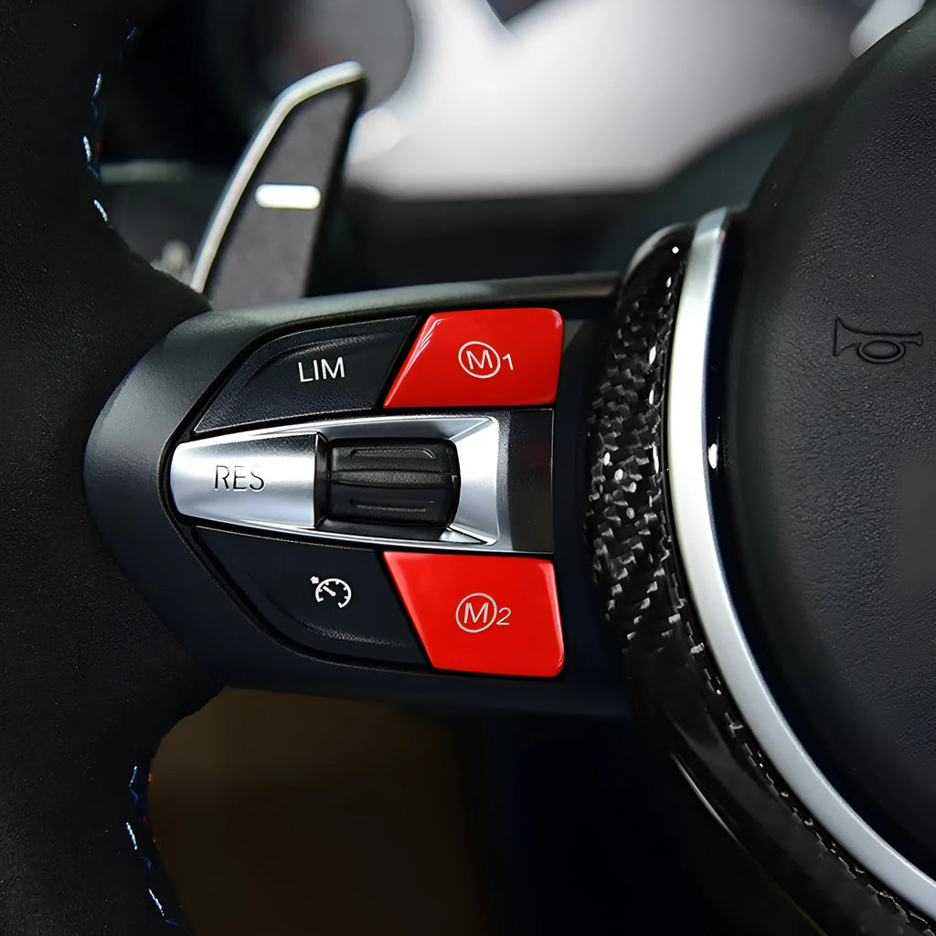 Red and blue M1 M2 steering wheel button accessories for BMW F30 and F34 models