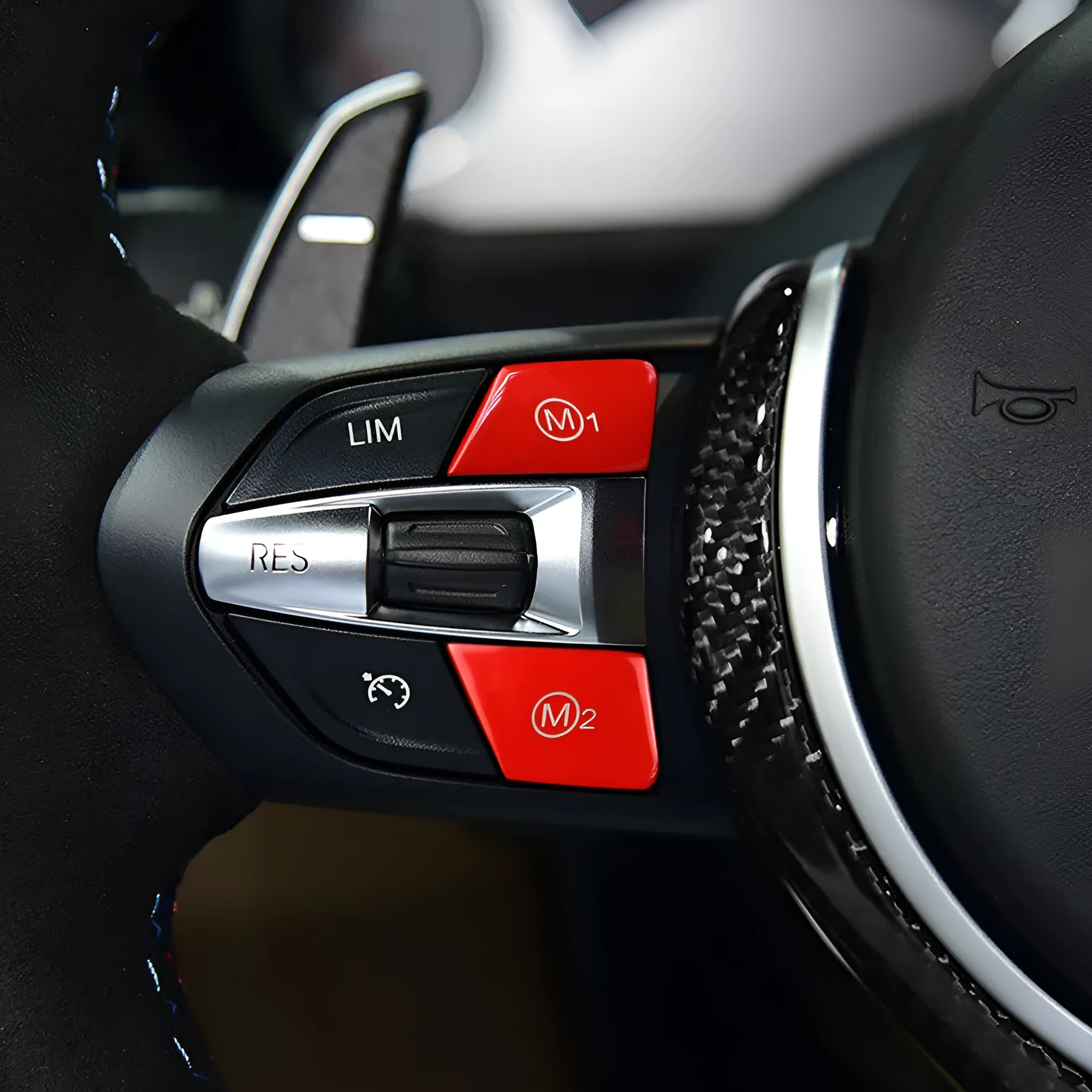 Red and blue M1 M2 steering wheel button accessories for BMW F30 and F34 models