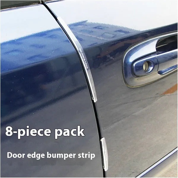 White plastic car door edge anti-collision protection strip on a vehicle.