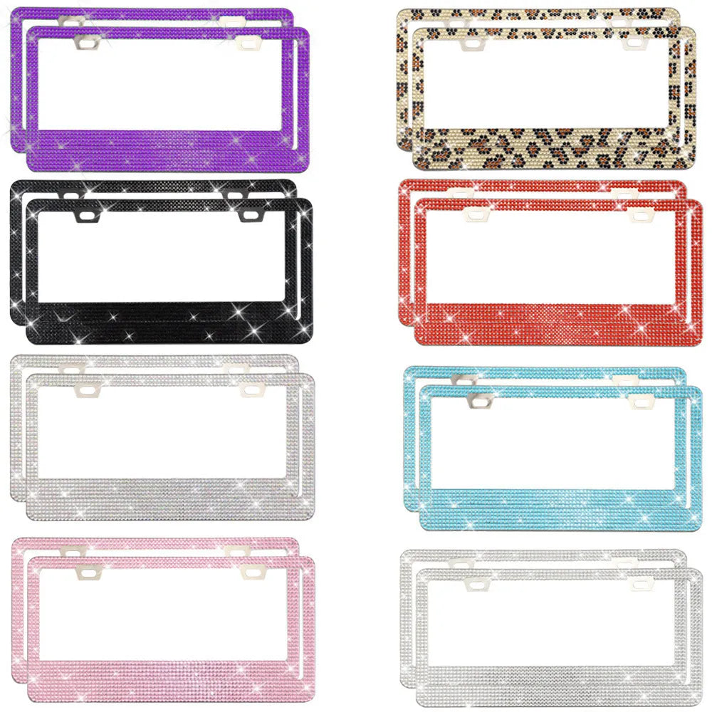 Stick-on crystal decorative licence plate frame on stainless steel with square hole design