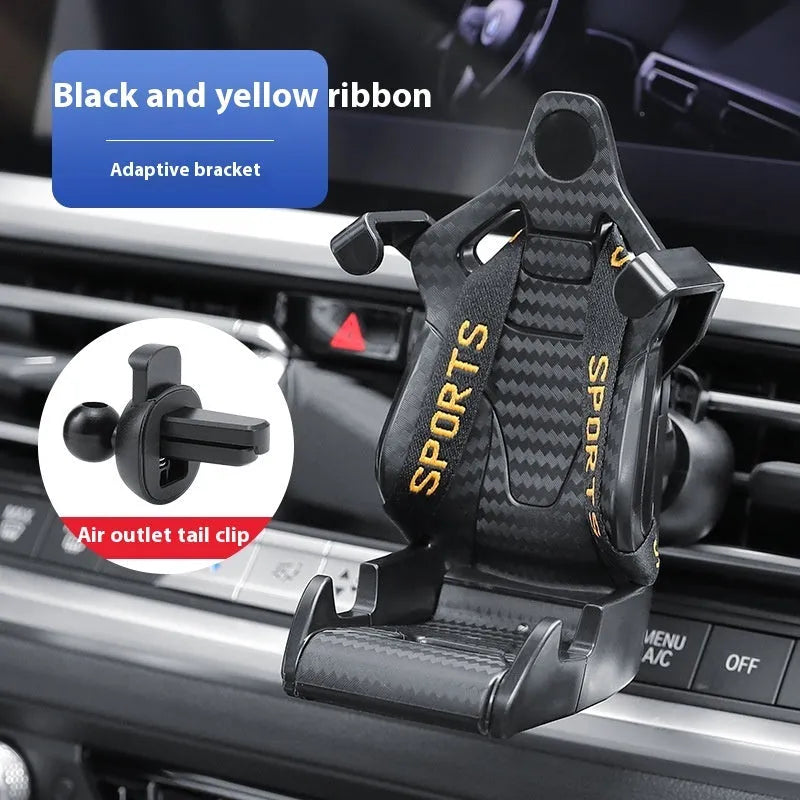 Racing seat shaped 360 degree rotatable car air vent phone holder with gold tape colour option