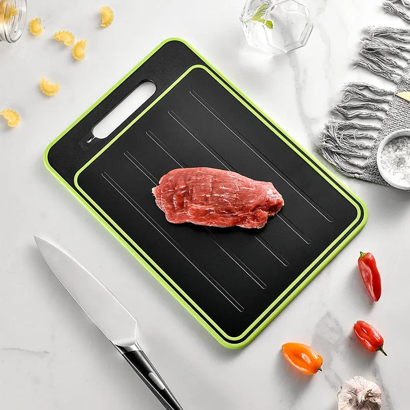 Square grey aluminium cutting board with double-sided design showing grinding teeth and integrated knife sharpener