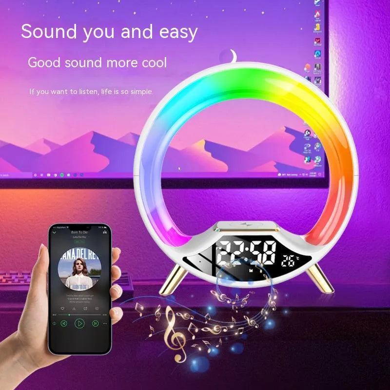 Black multifunctional bedside lamp with wireless charging pad, speaker, clock display, and adjustable night light.