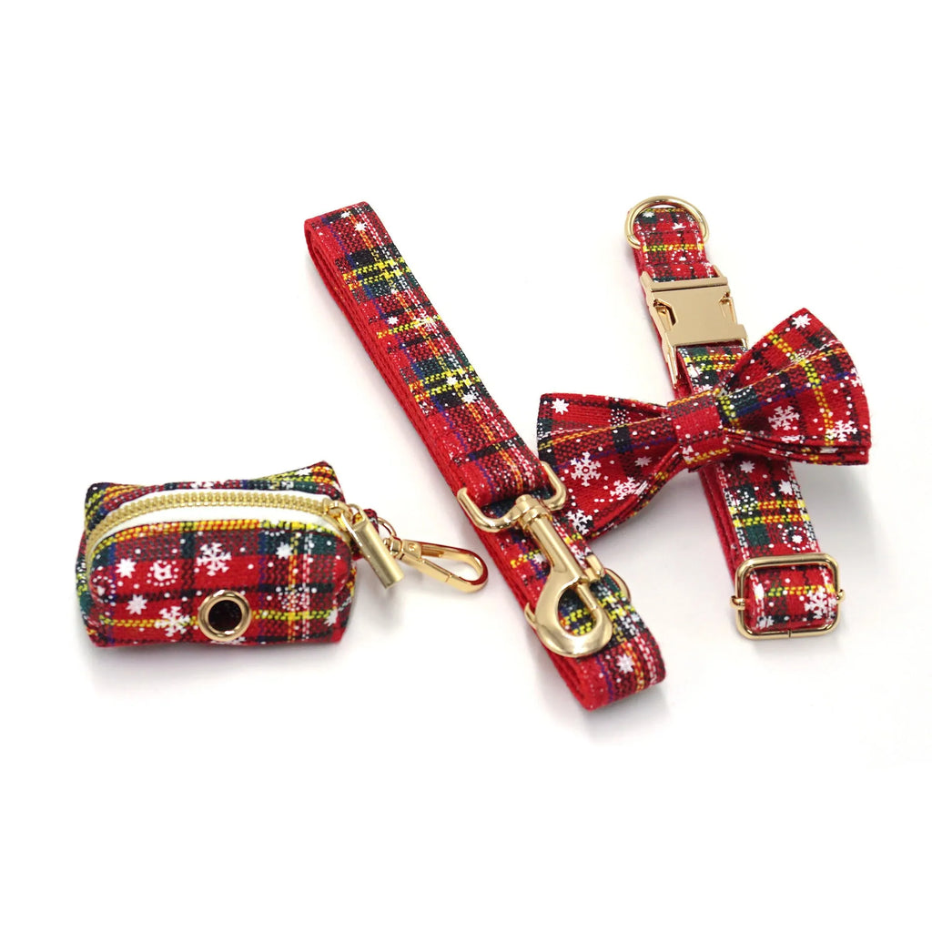 Red Christmas pet collar, traction rope, bow, and chest-back harness bag set with laser sculpture patterns