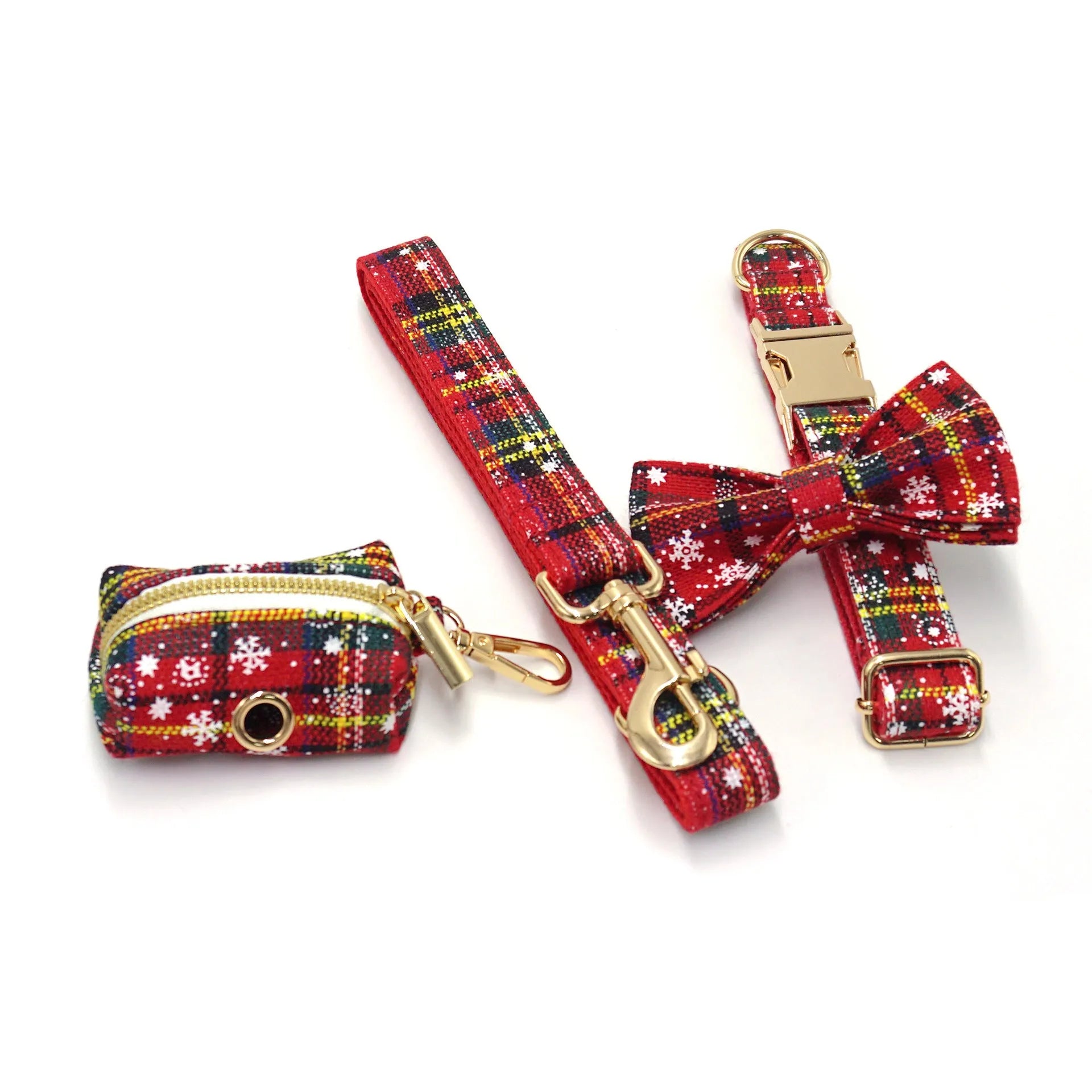 Red Christmas pet collar, traction rope, bow, and chest-back harness bag set with laser sculpture patterns