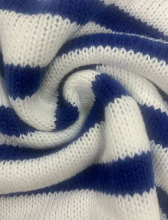 Sapphire blue striped knitted pullover sweater with round neck and long sleeves
