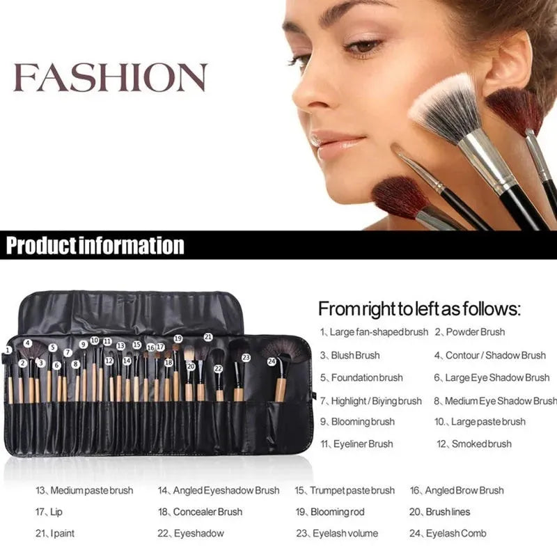 24 professional makeup brushes with man-made fibre heads and wooden handles in PU gift bag