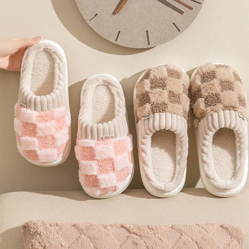 Women's plaid plush slippers with non-slip PVC soles in coffee, green, grey, pink or white colours