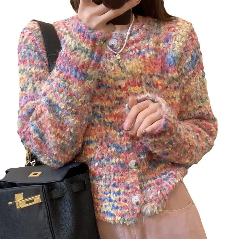 Rainbow knitted cardigan in acrylic fabric showing pink or green colour options with regular sleeves