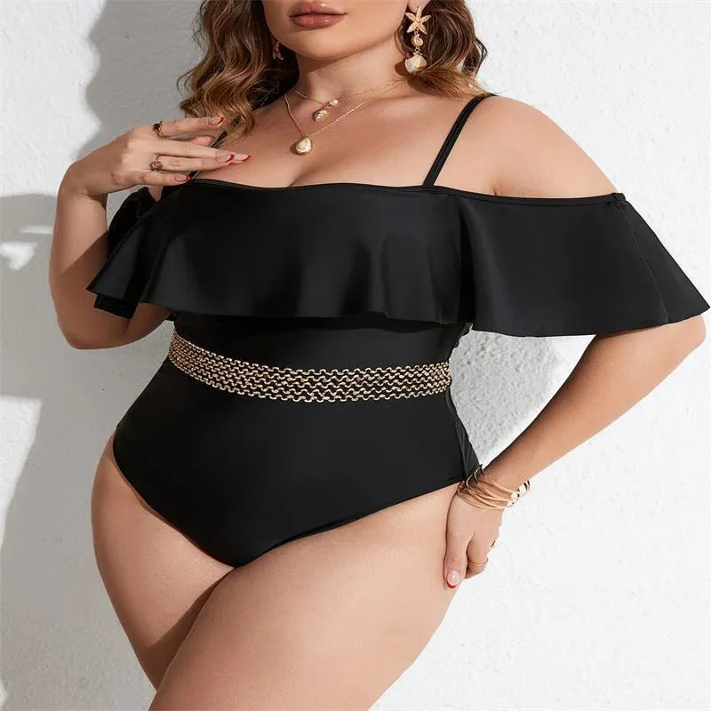 Black one-piece swimsuit for women in polyester fabric with extended sizing options