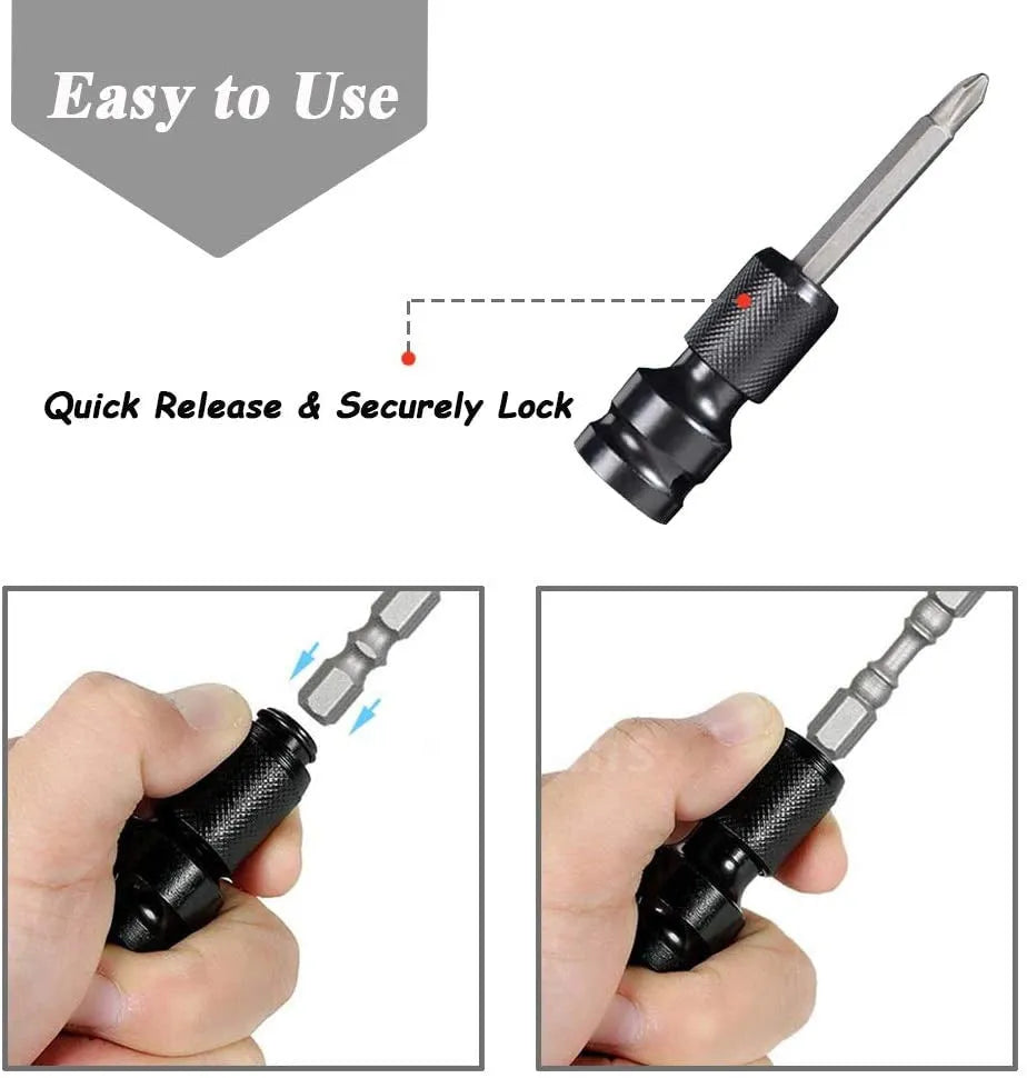 Telescopic steel bit holder with hexagonal handle for electric wrenches showing extended sleeve