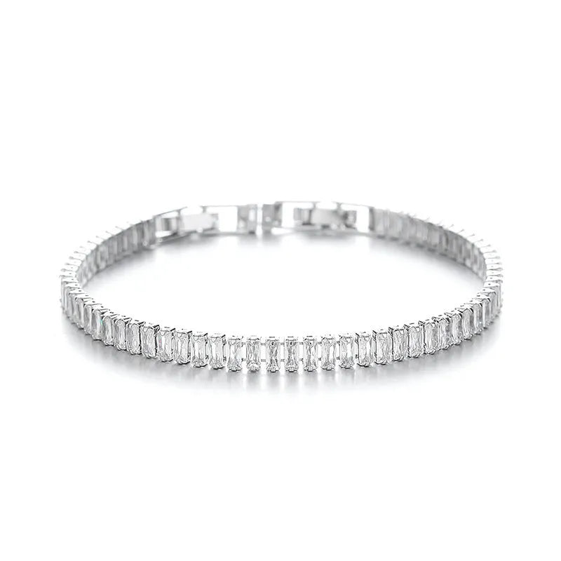 Women's geometric brass bracelet with zircon stones in rectangular design