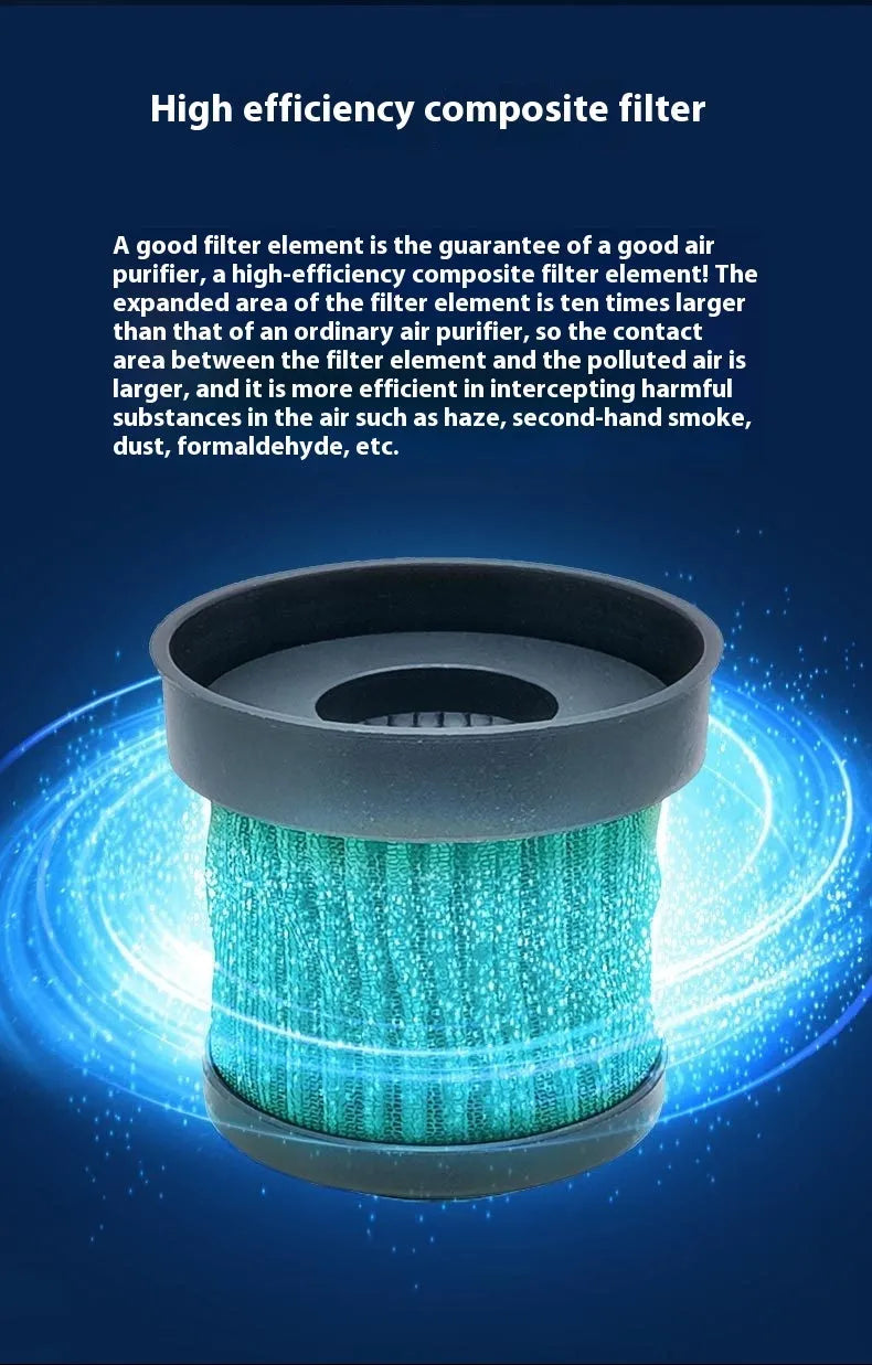 Black car air purifier measuring 68 by 187mm with USB power connection