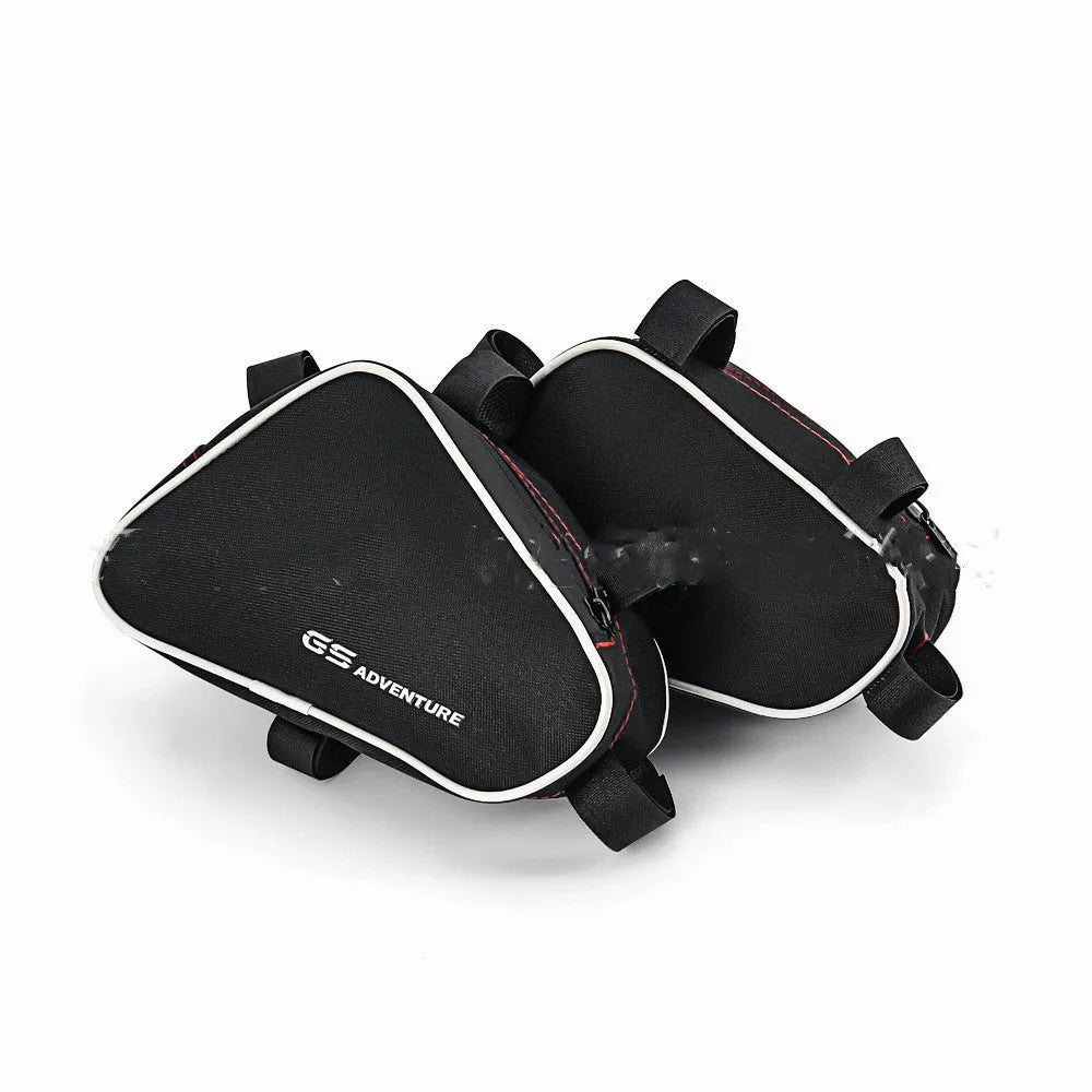 Black cloth motorcycle frame crash bar bag, 15cm x 10cm x 10cm storage pouch for bike frame mounting