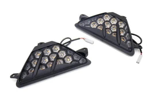 Black Kawasaki Ninja LED turn signal set with hexagonal lens and OEM style plug and play connector