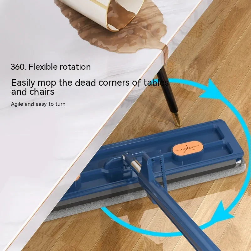 Large flat mop with long stainless steel handle and blue cleaning cloth on a hard floor