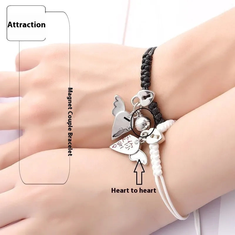 Pair of adjustable alloy magnet bracelets showing designs like a golden key lock, clover, and T5201314 code.