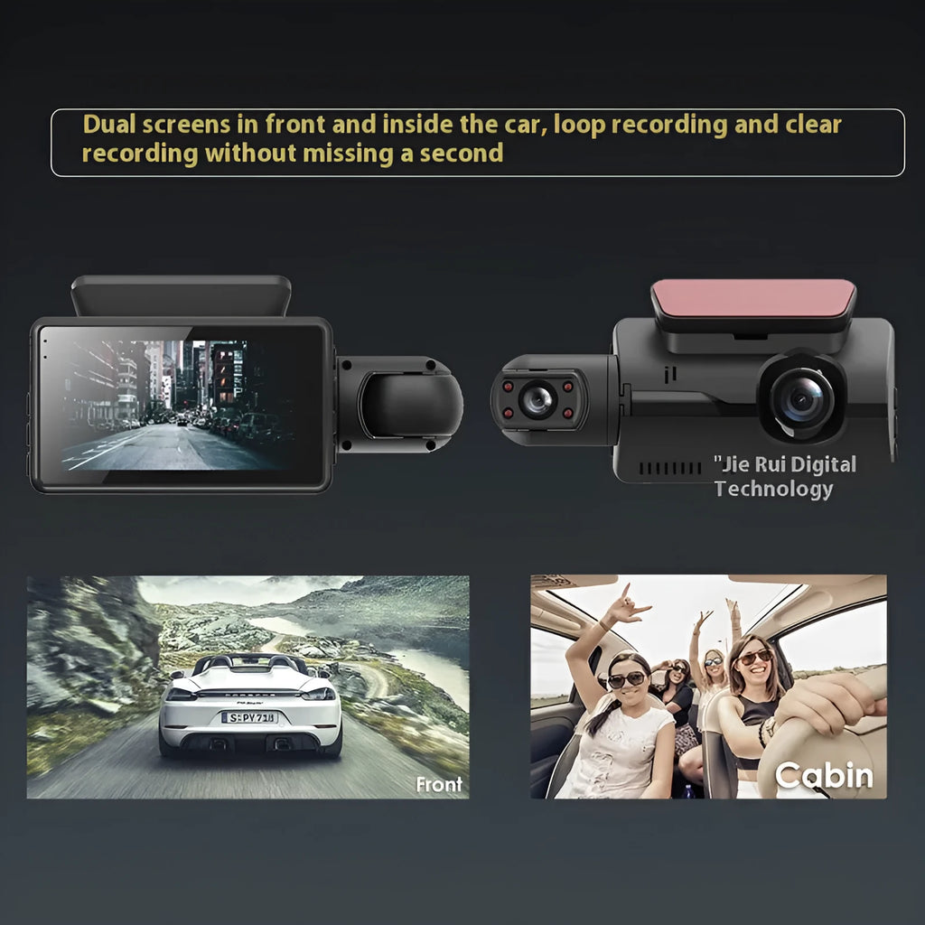 Black 3-inch dual lens driving recorder on-board camera with button controls and motion detection