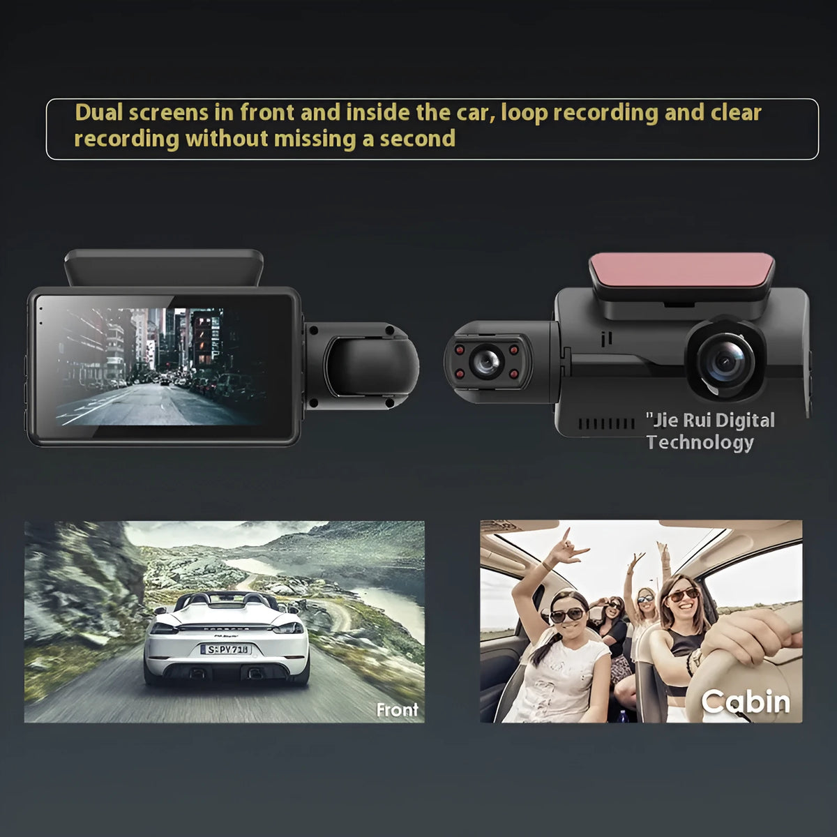 Black 3-inch dual lens driving recorder on-board camera with button controls and motion detection