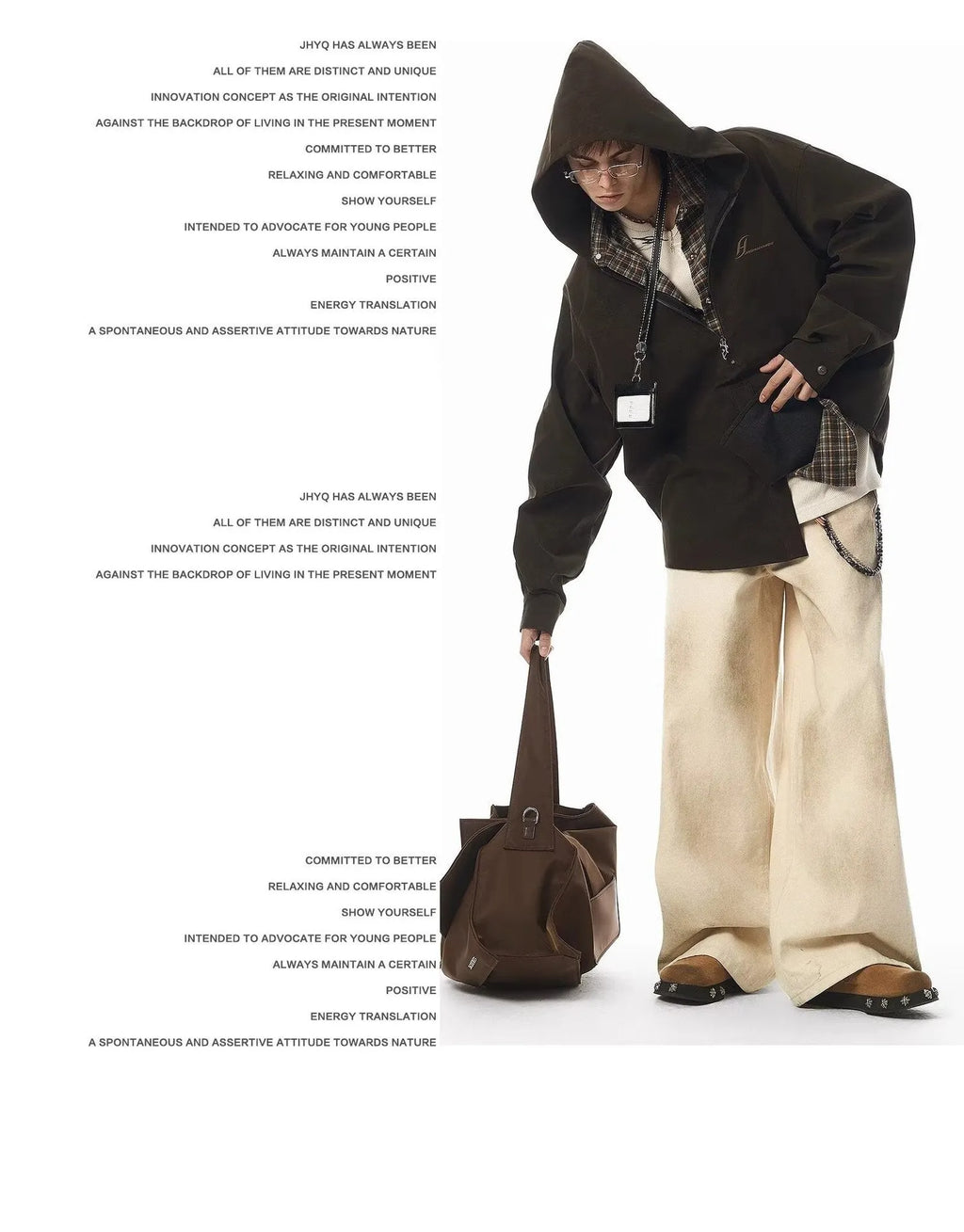 Beige loose straight floor-length cotton pants with mid-rise waist and non-stretch fabric