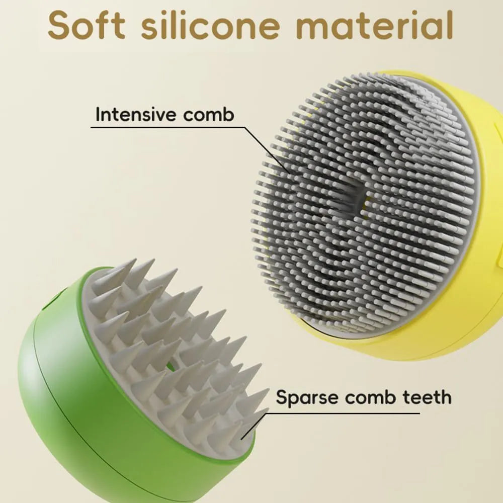 Green rechargeable steam brush for grooming cats and dogs with silicone bristles