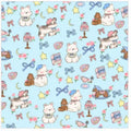 Blue cartoon dog print nylon cosmetic bag with zip, shown next to smaller floral rabbit print bag.