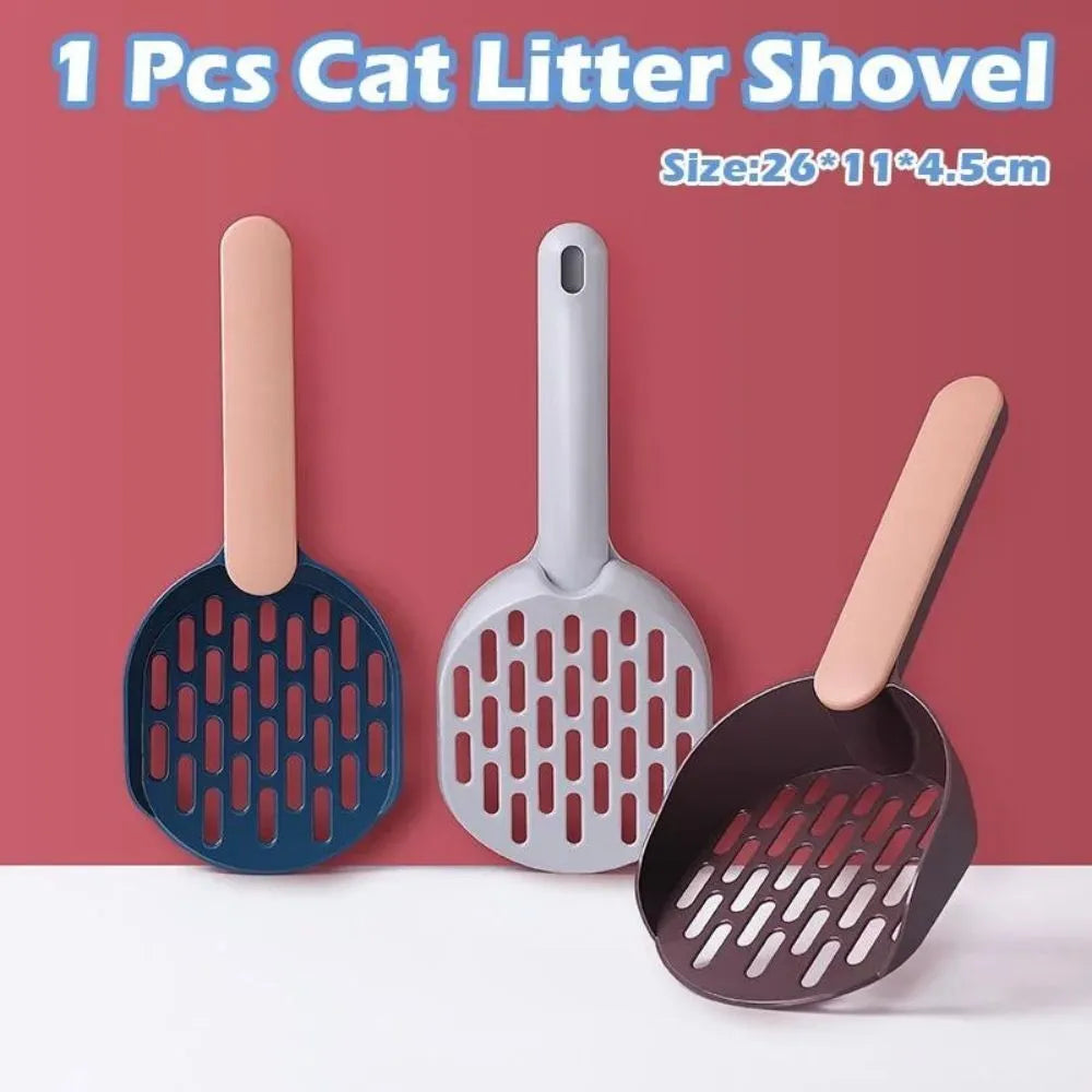 Blue plastic cat litter scoop for cleaning pet litter boxes.