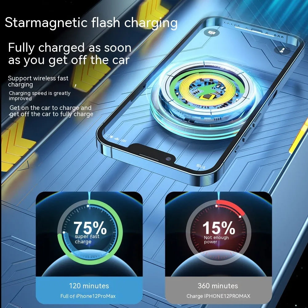 Black magnetic car air vent wireless charging stand with 15W power for smartphones