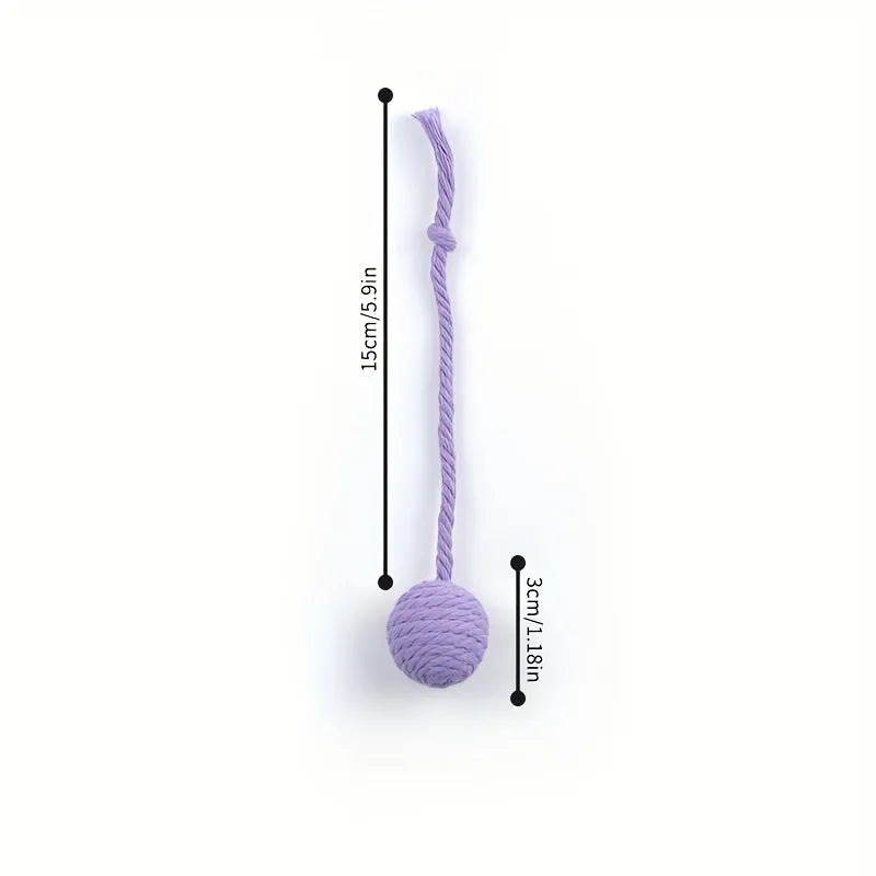 Fabric cat toy ball with rope attached in green, pink, purple, or yellow colours